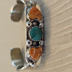 Kathleen Yazzie Sterling Silver Turquoise Spiny Oyster Cuff Bracelet 6.25 in